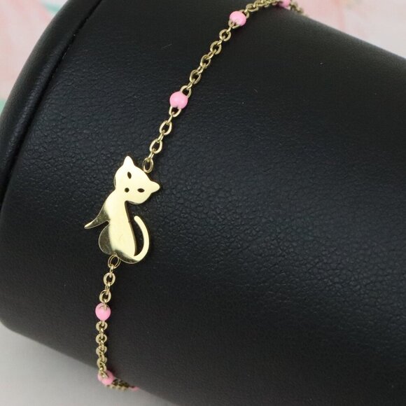 Elegant Yellow Bracelet with Cute Cat Charm and Pink Bead Details, XPBL0656 - Picture 1 of 12